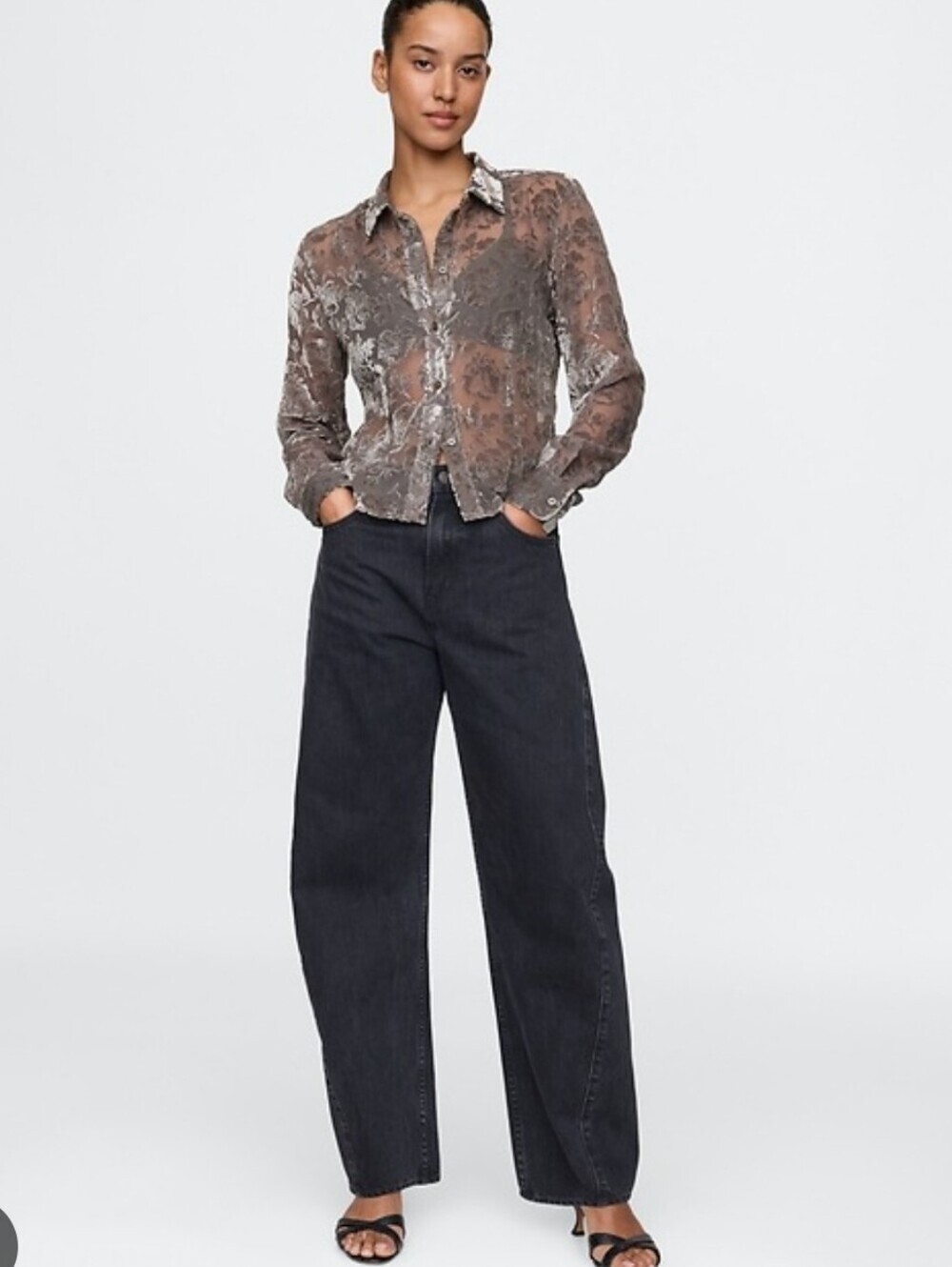 Gap Women's Recycled Velvet Sheer Burnout Crop Button Down Shirt Floral Large